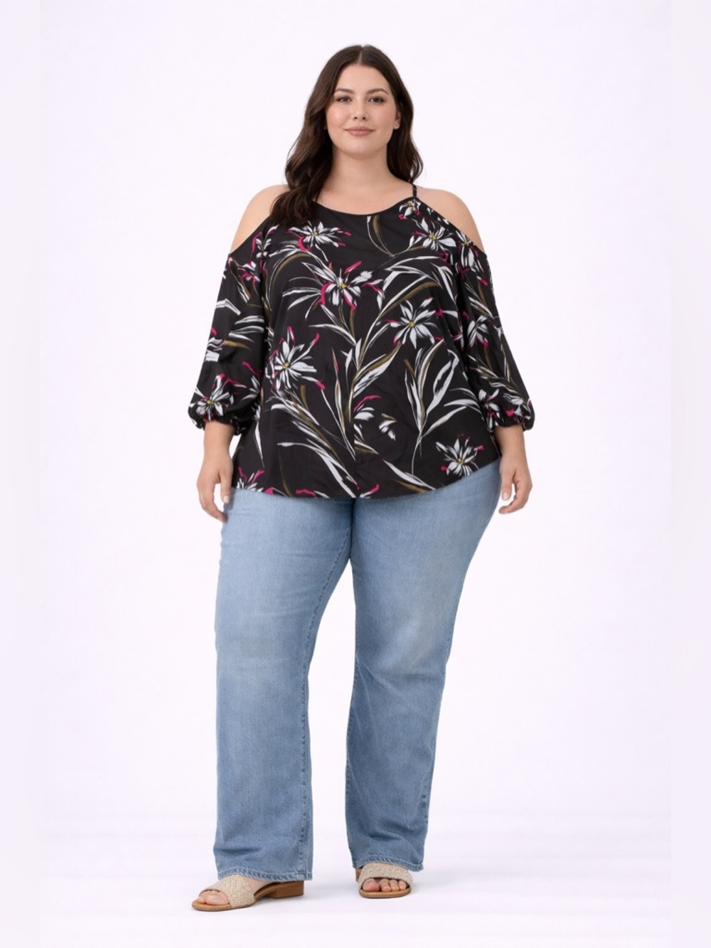 Jennifer Lopez Floral Cold Shoulder Blouse XXL Black Pink White Lightweight Top